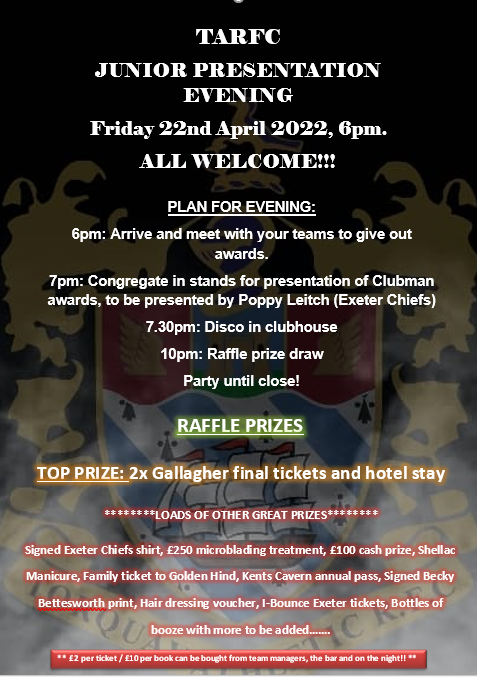 Torquay Athletic RFC - End of Season Raffle tickets now on sale